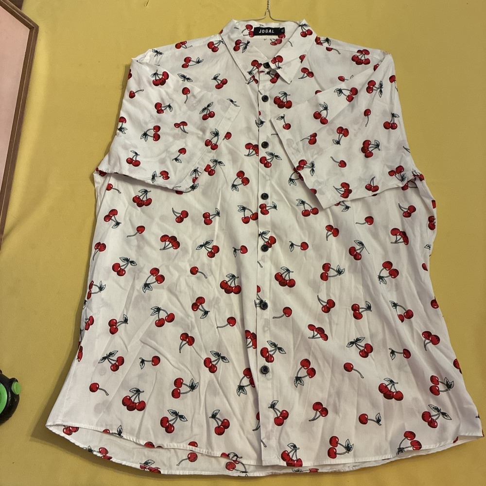 Jogal Men's Short Sleeve Button Up Cherry Print Collard White Shirt Size: XL - Picture 9 of 10